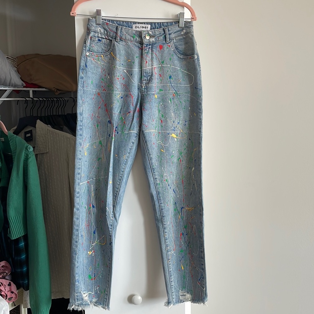 DL1961 light wash Goldie high rise jeans with paint splatter